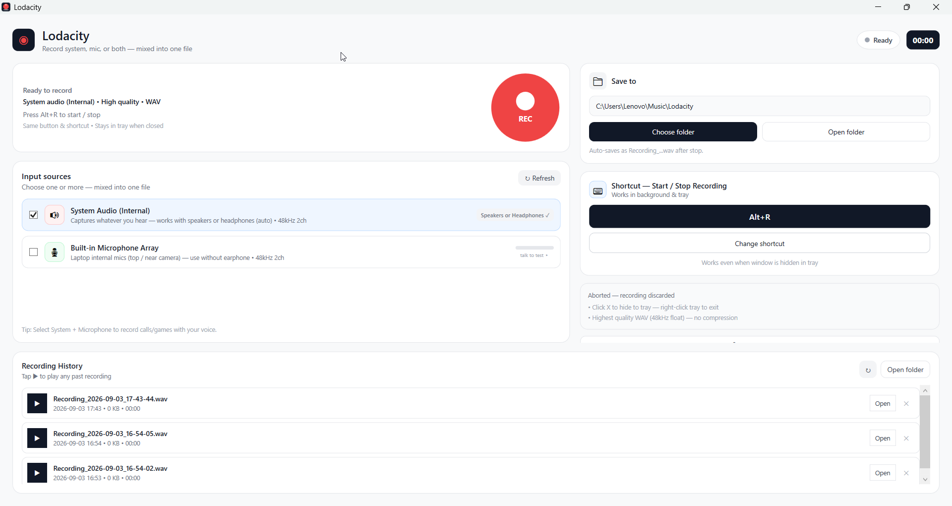 Lodacity app — clean system and mic recorder